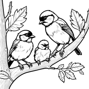 Zwei süße Vogelbabys auf einem Baumzweig Ausmalvorlage für kleine Tierentdecker