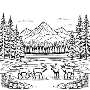 Rentiere vor majestätischen Bergen im Wald zu malen