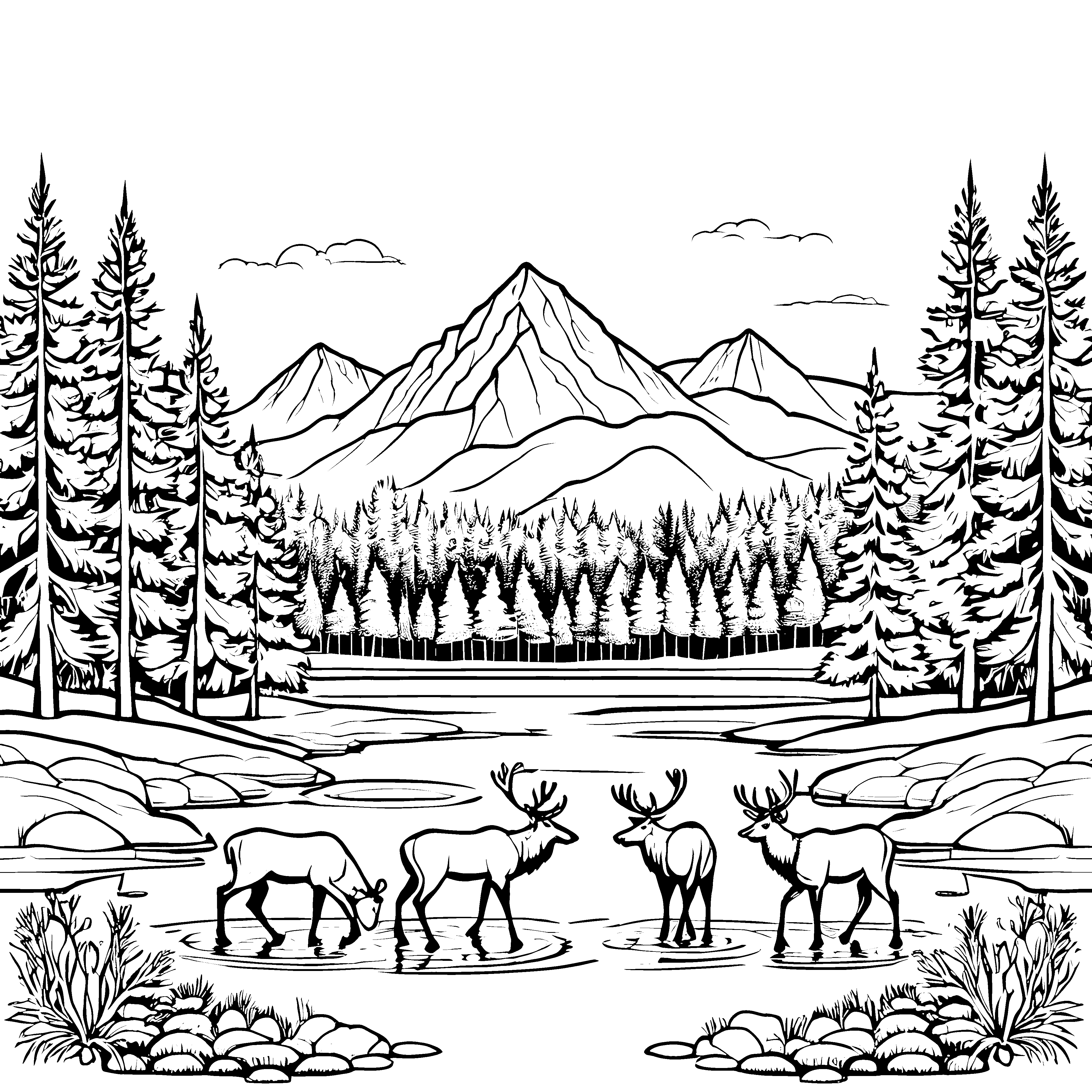 Rentiere vor majestätischen Bergen im Wald zu malen
