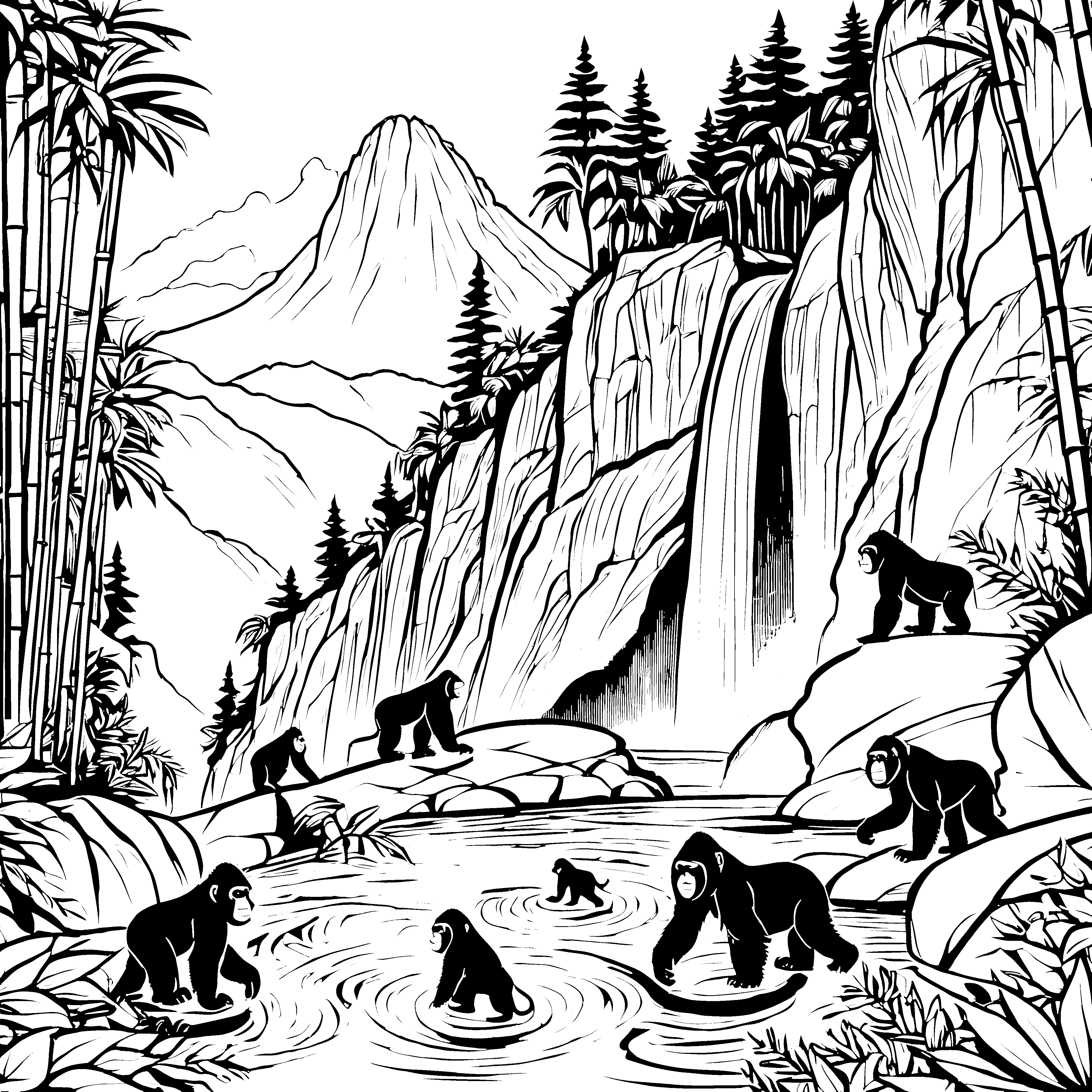 Wasserliebende Gorillas am tosenden Wasserfall Ausmalvorlage für abenteuerlustige Tierfreunde