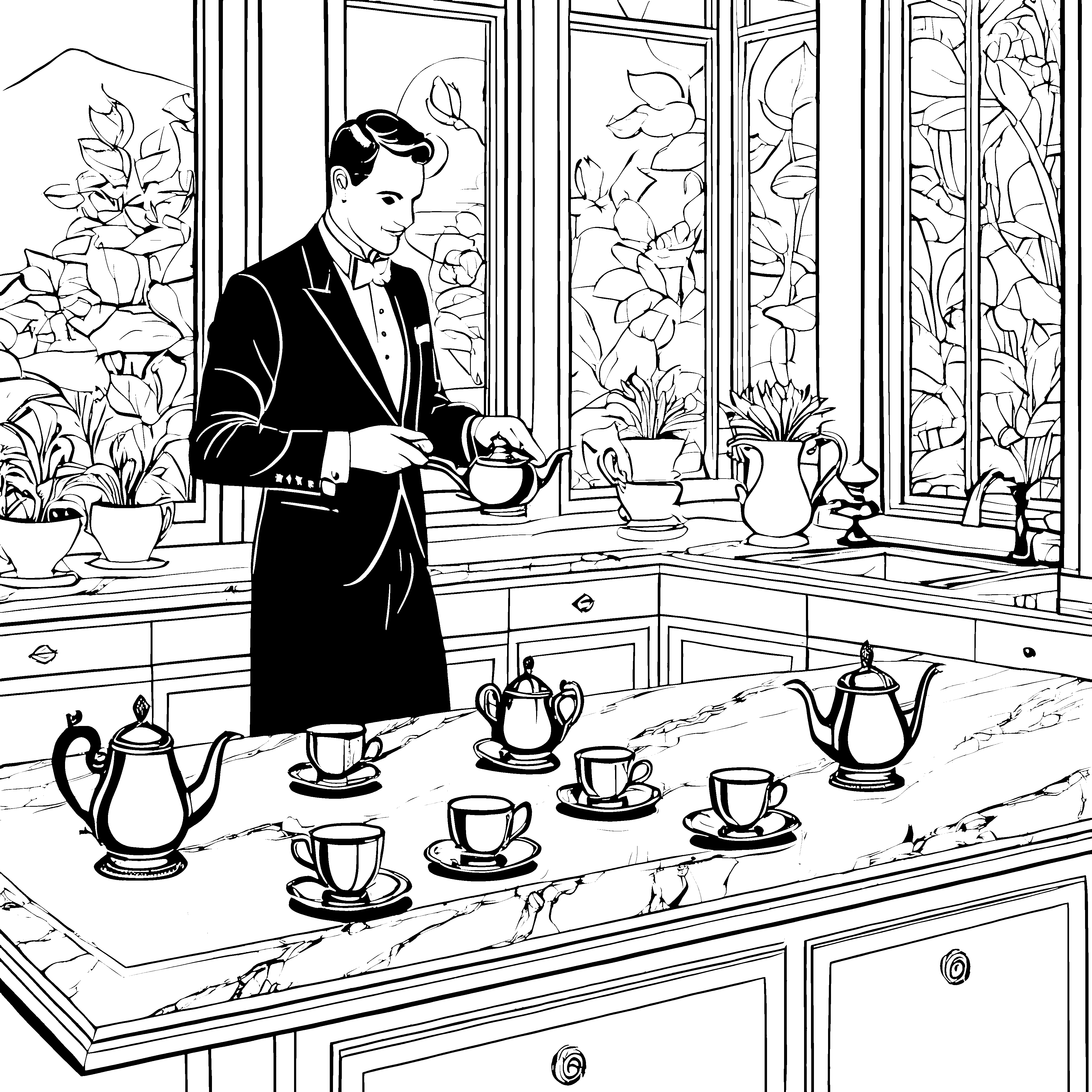 Eleganter Butler mit feinem Tee-Service Malvorlage für kleine Luxusliebhaber
