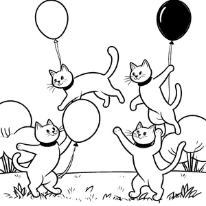Lustige Katzen mit Ballons auf der grünen Wiese zum Ausmalen
