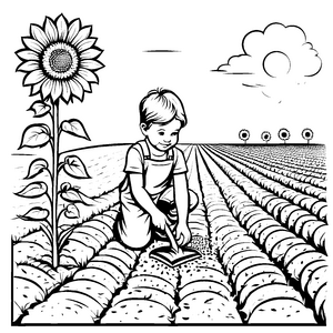 Sonnige Aussaat mit fröhlichem Jungen Ausmalbild für kleine Gartenfreunde