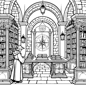 Magische Bibliothek mit geheimnisvollen Zauberformeln Ausmalvorlage für wissbegierige Zauberschüler