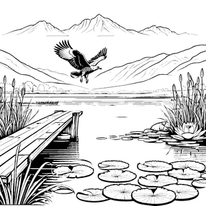 Bussard über Seenlandschaft mit Bergen zum Ausmalen