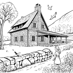 Traumhaftes Landhaus mit blühendem Garten Ausmalvorlage für kleine Architekturfreunde