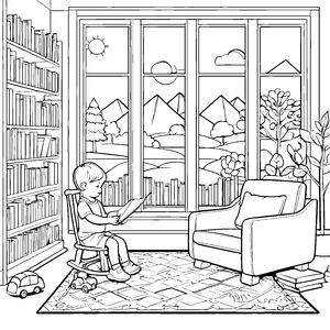 Bequemer Relaxsessel im gemütlichen Leseraum Ausmalbild für fantasievolle Buchliebhaber