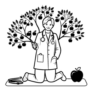Ärztin mit Apfelbaum für kleine Gesundheitshelden