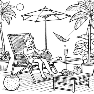 Spaß am Tag auf der Gartenliege mit Sonnenschirm und Palmen