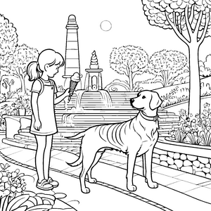 Eiscreme im Park: Ein Mädchen und ihr Hund malen