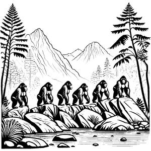 Gorillas am Flussufer vor majestätischen tropischen Bergen zum Ausmalen
