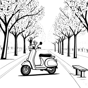 Moped Abenteuer durch die blühenden Alleen malen