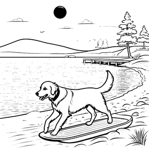 Begeisterter Golden Retriever auf Surfbrett Malvorlage für abenteuerlustige Wasserratten
