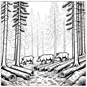 Wildschweine im Wald: Ein Ausmalspiel mit Baumstämmen
