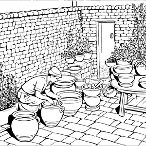 Kreatives Töpfern im gemütlichen Garten Ausmalbild für fantasievolle Künstler