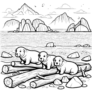 Verspielte Walross-Babys auf der Holzplanke Ausmalvorlage für kleine Entdecker