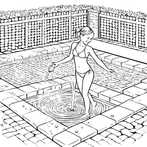 Spritzige Wasserspiele am schwimmenden Becken Ausmalmotiv für frohe Sommerfreunde