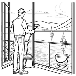Der Fensterputzer macht die großen Scheiben sauber im Grünen