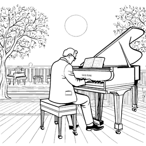 Bezaubernder Rentner am Klavier im Garten Ausmalbild für stilvolle Senioren