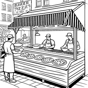 Pizzabäcker am Markt: Ein Ausmalspaß mit Pizza backen