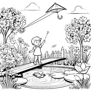 Fröhlicher Junge mit kunterbunter Harke im Garten Ausmalbild für helle Köpfe