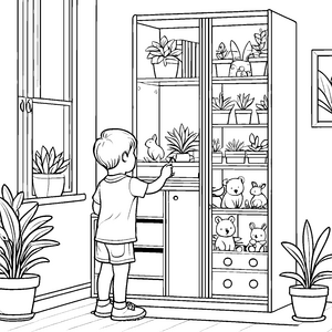 Der Junge und sein großer Mehrzweckschrank zum Ausmalen