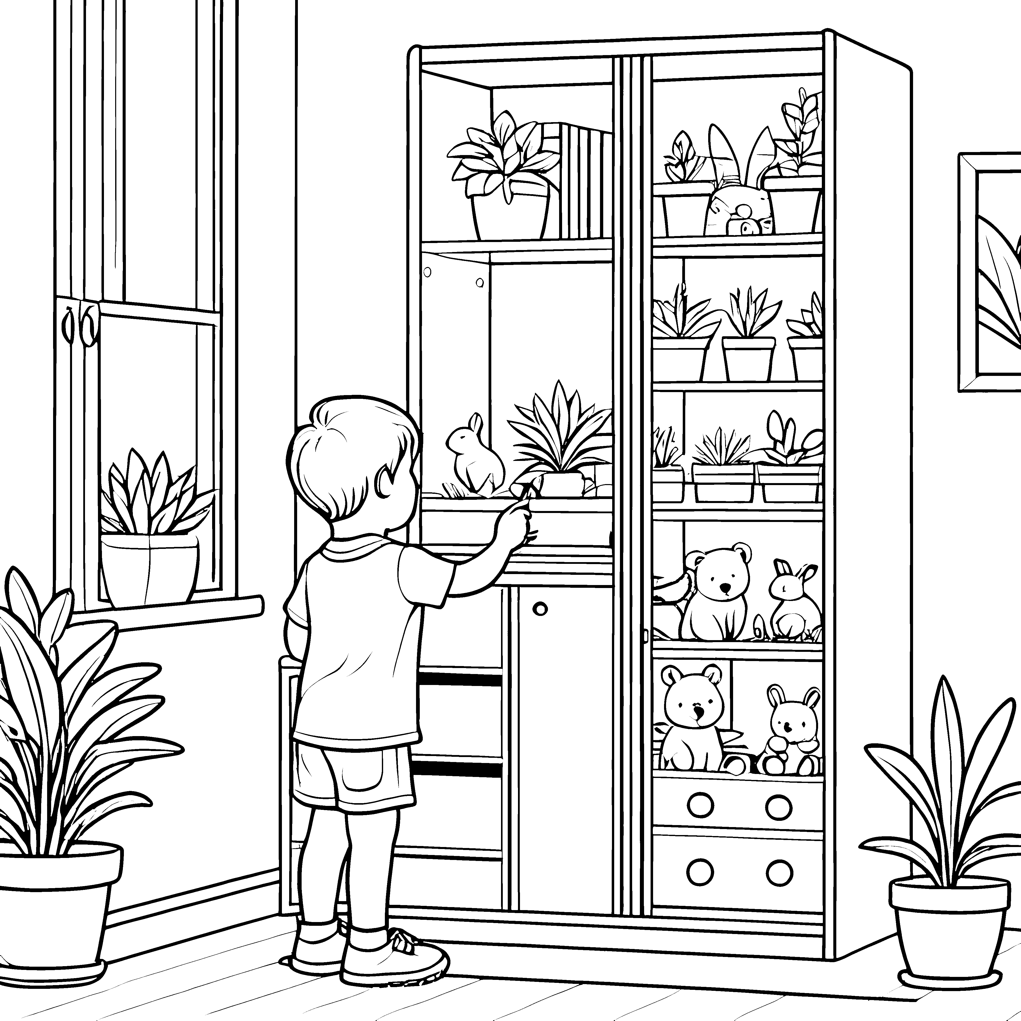 Der Junge und sein großer Mehrzweckschrank zum Ausmalen