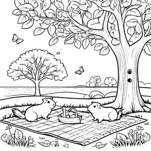 Meerschweinchen im Gras unter dem Baum mit Schmetterlingen zum Ausmalen