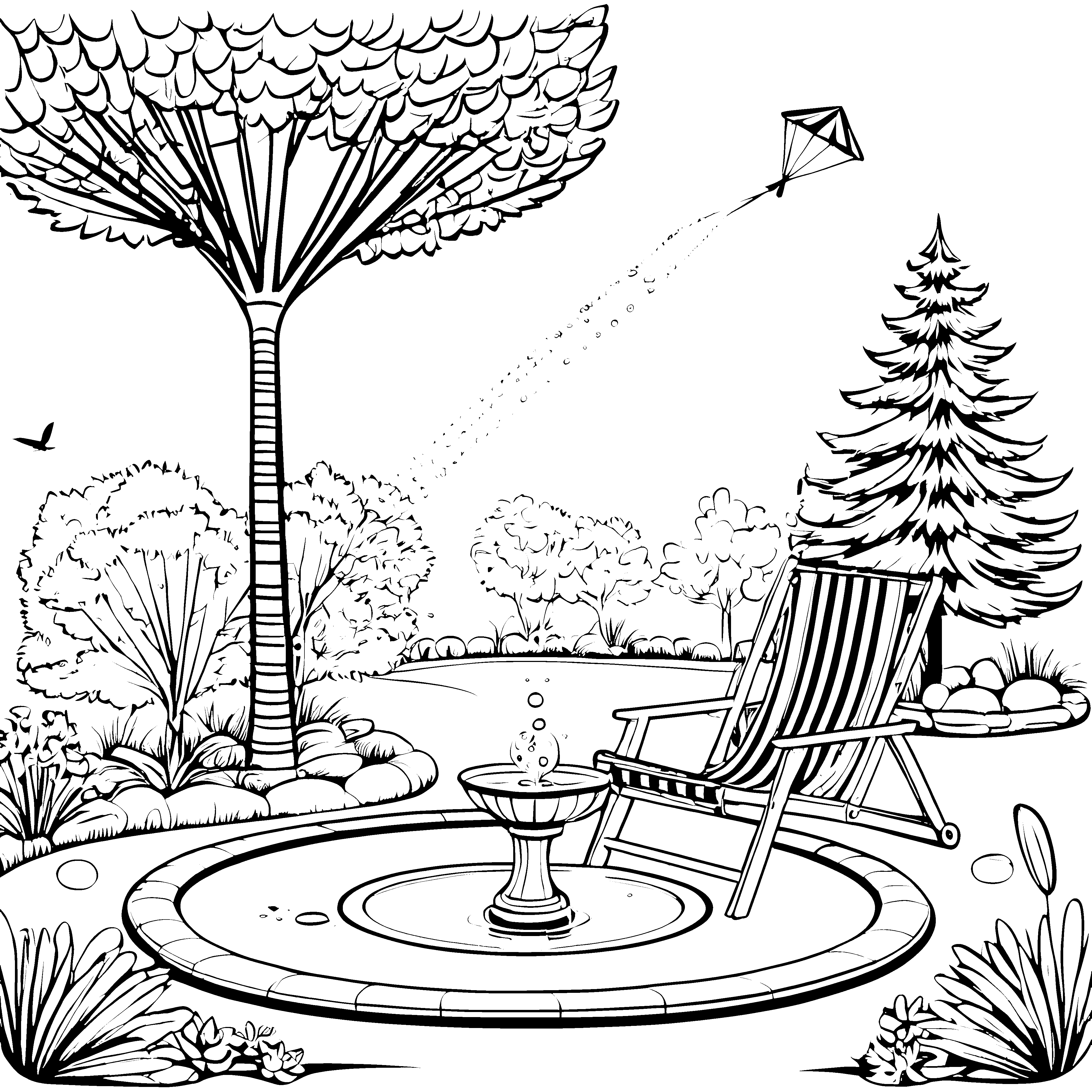 Gartenliege und Fontäne: Ein Malspaß im grünen Garten.