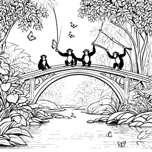 Schimpansen auf der Brücke im tropischen Dschungel zum Ausmalen