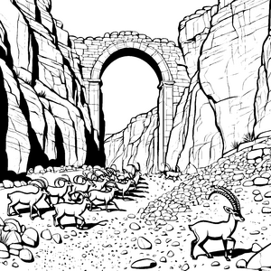 Steinbock-Babys in der Felsarchitektur zum Ausmalen