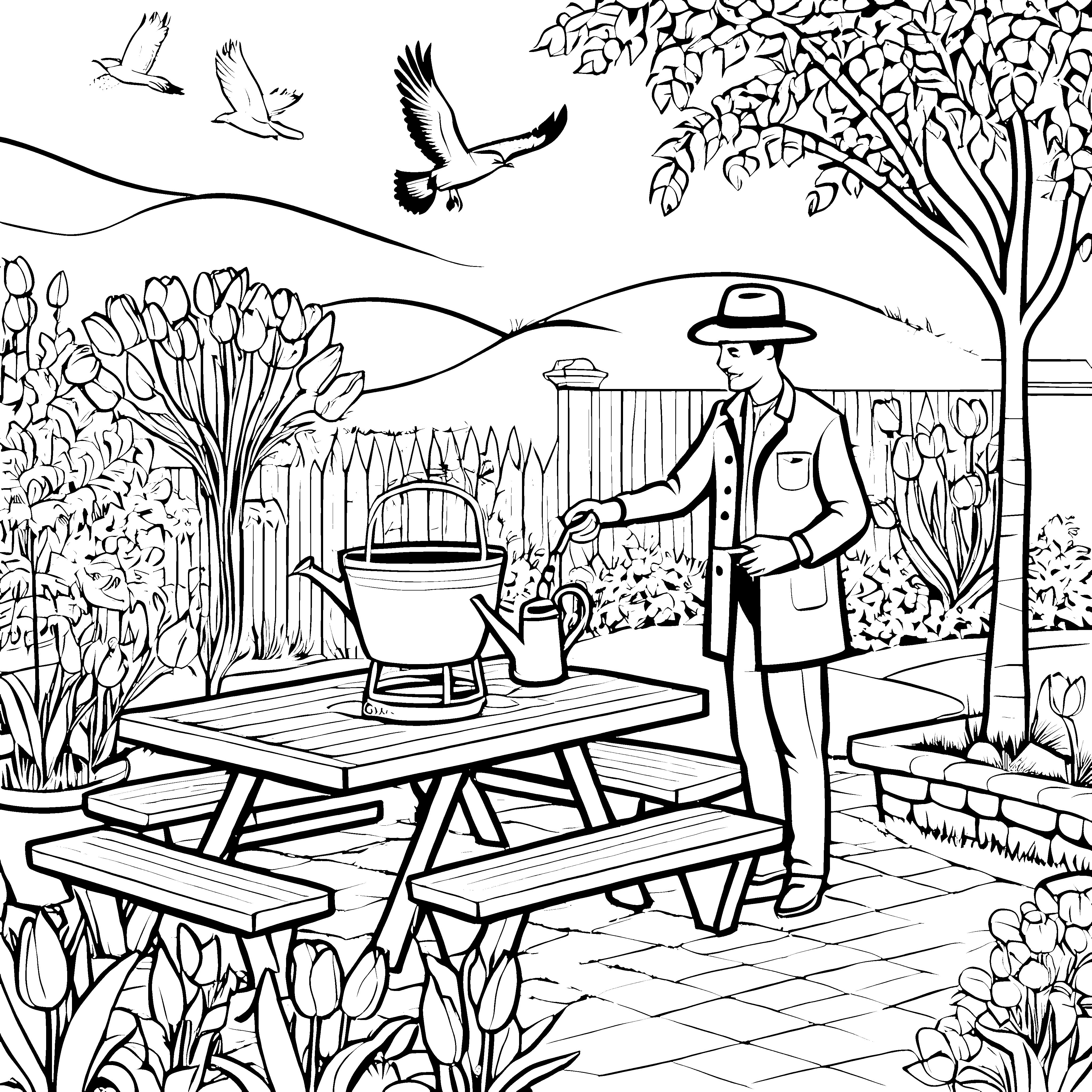 Der Hutträger im Garten: Ein Ausmalspaß mit Tulpen und Freunden