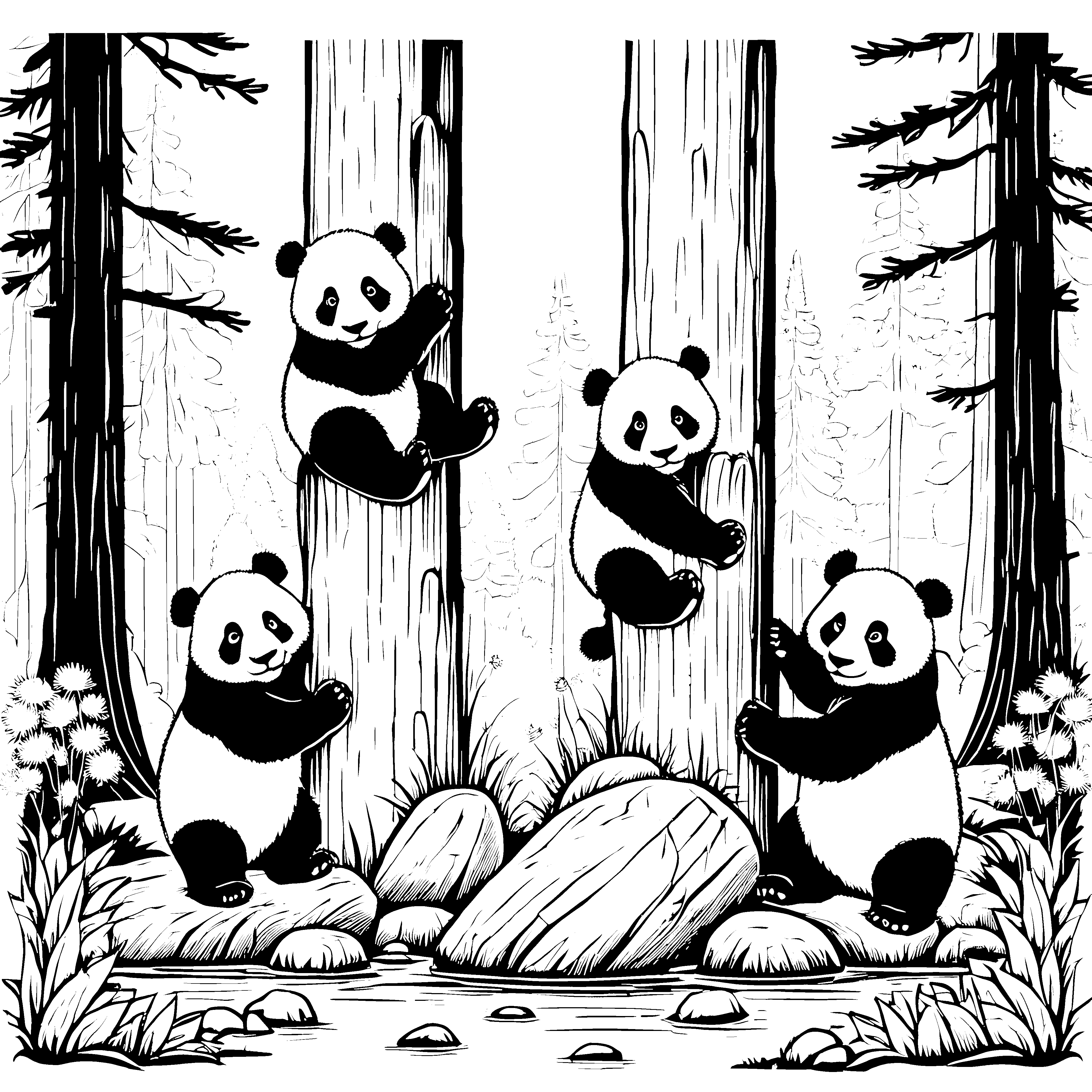 Pandabärenbabys im Wald: Ein großes Ausmalspiel für Kinder