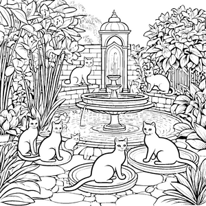 Schmusekatzen im Garten am Brunnen malen