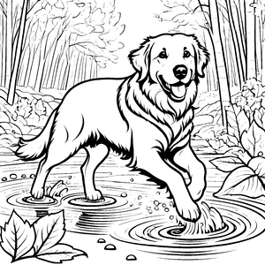 Spritzender Golden Retriever im klaren Wasser Ausmalmotiv für fröhliche Tierfans