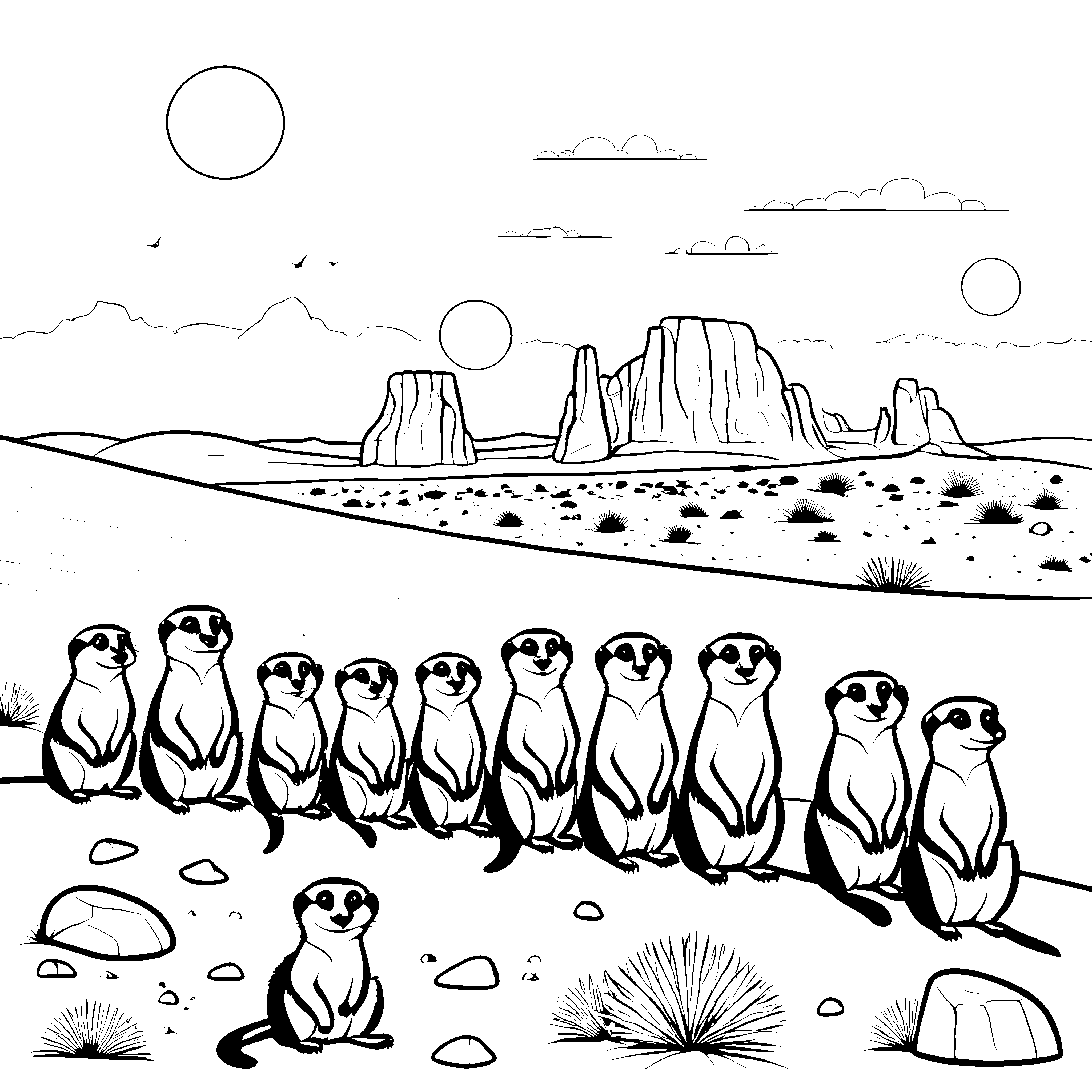 Erdmännchenfamilie auf sonniger Wiese Ausmalbild für neugierige Tierfreunde