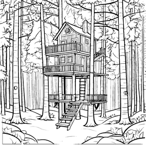 Abenteuerliches Baumhaus zwischen hohen Bäumen Ausmalbild für kleine Entdecker