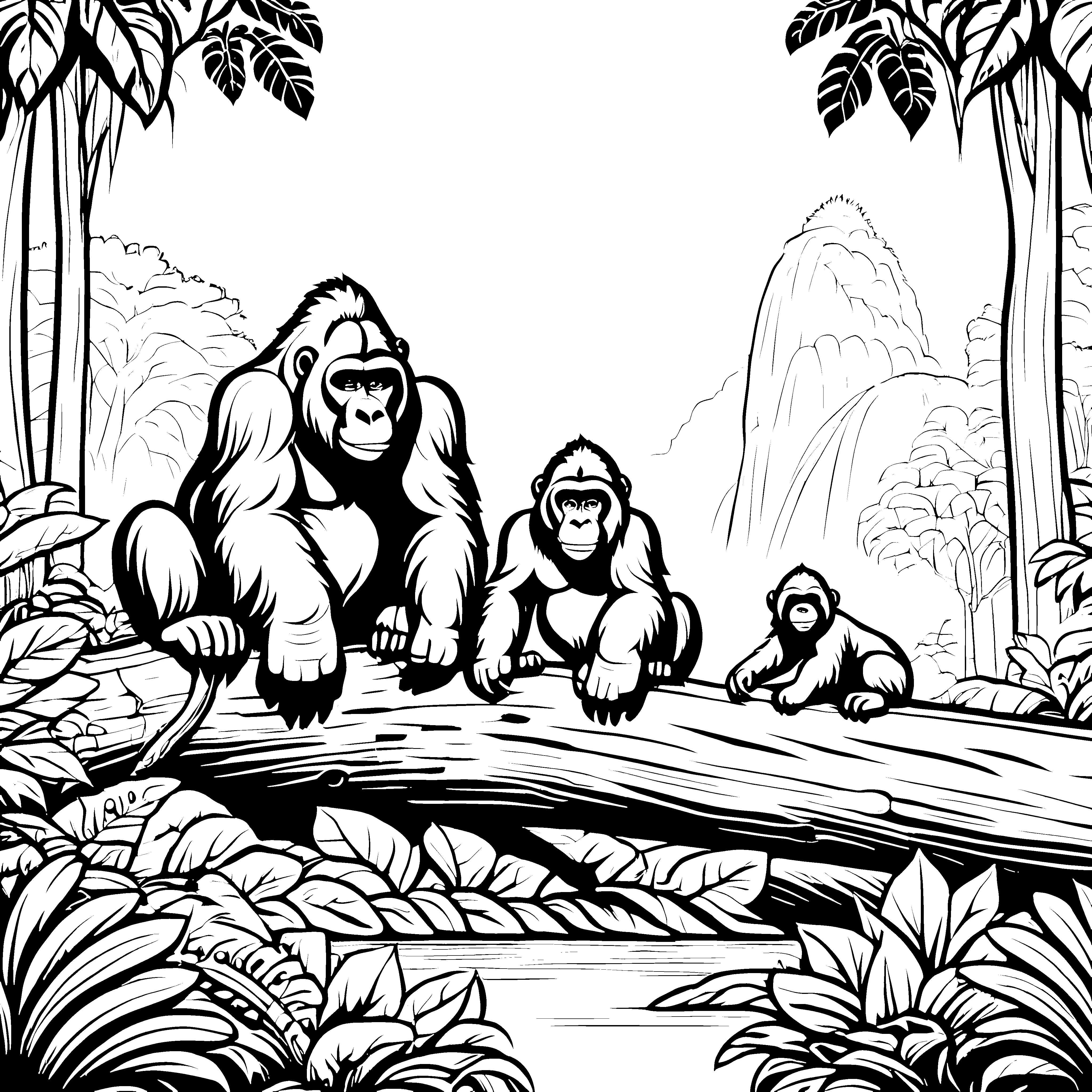 Drei Gorillas im Wald: Ein Ausmalspaß für Kinder
