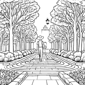 Eleganter Strohhut im Stadtpark Ausmalmotiv für stilbewusste Entdecker