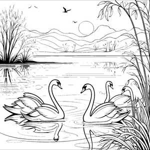 Die Schwäne am Teich: Ein Ausmalbild mit Schilf und Natur