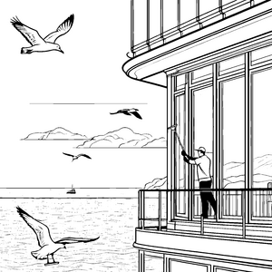 Der Fensterputzer reinigt das Glas am Meer mit Vögeln im Flug
