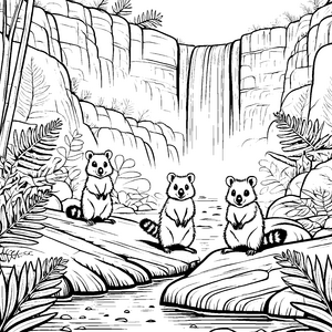 Quokka Babys beim Wasserfall im Dschungel ausmalen