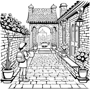 Das Kind auf der Blumen-Terrasse im Innenhof malen