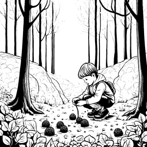 Das Kind sammelt Trüffel im Wald: Ein Ausmalspaß