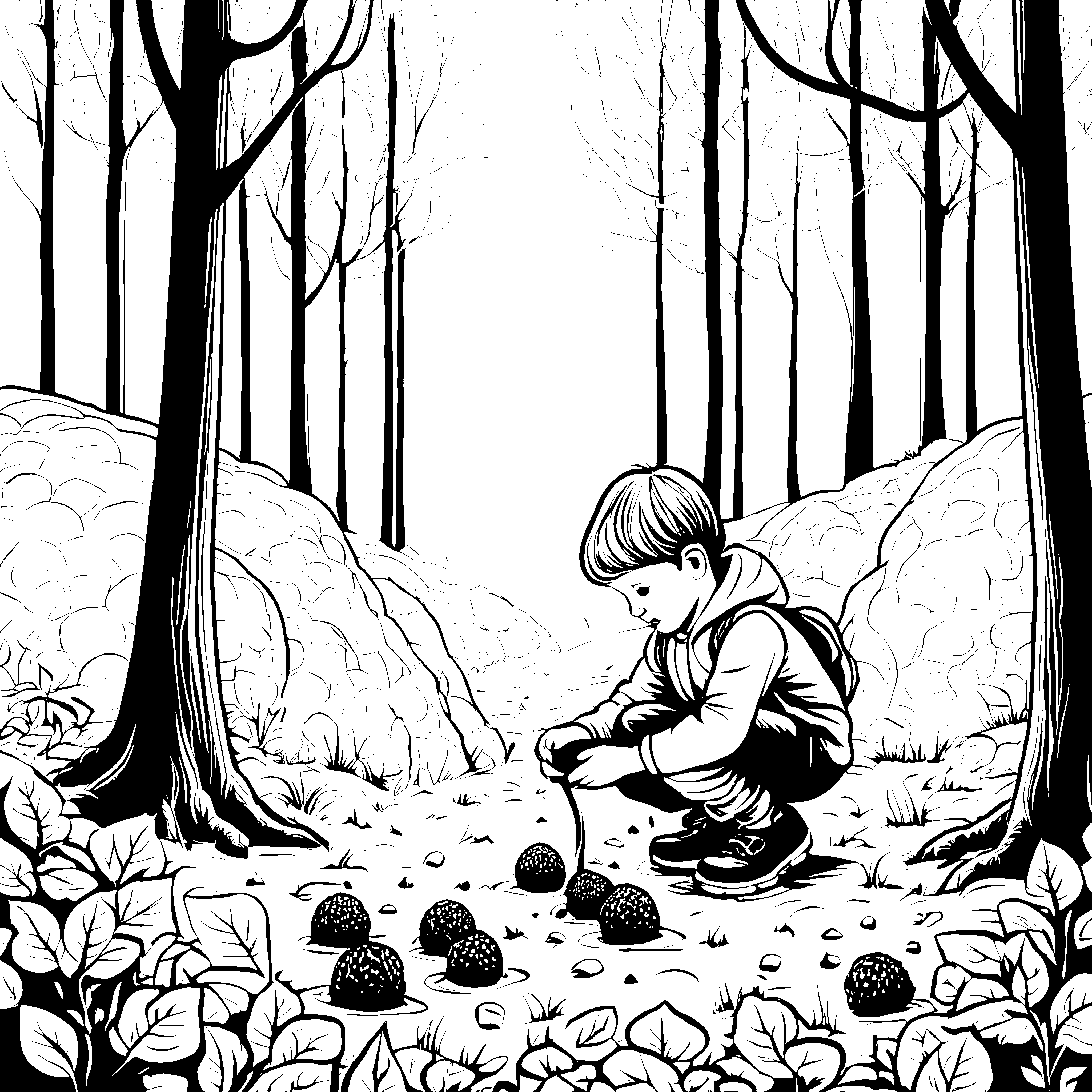 Das Kind sammelt Trüffel im Wald: Ein Ausmalspaß