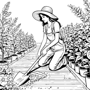 Gartenglück: Die Frau mit der Schaufel im blühenden Garten malen
