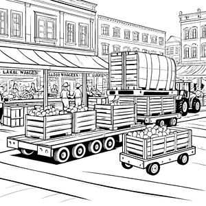 Großer Tanklastwagen auf belebter Straße mit Kisten zum Ausmalen