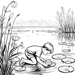 Entdeckungsfreudiger Junge beim Wasserpflanzen pflücken Ausmalmotiv für kleine Naturliebhaber