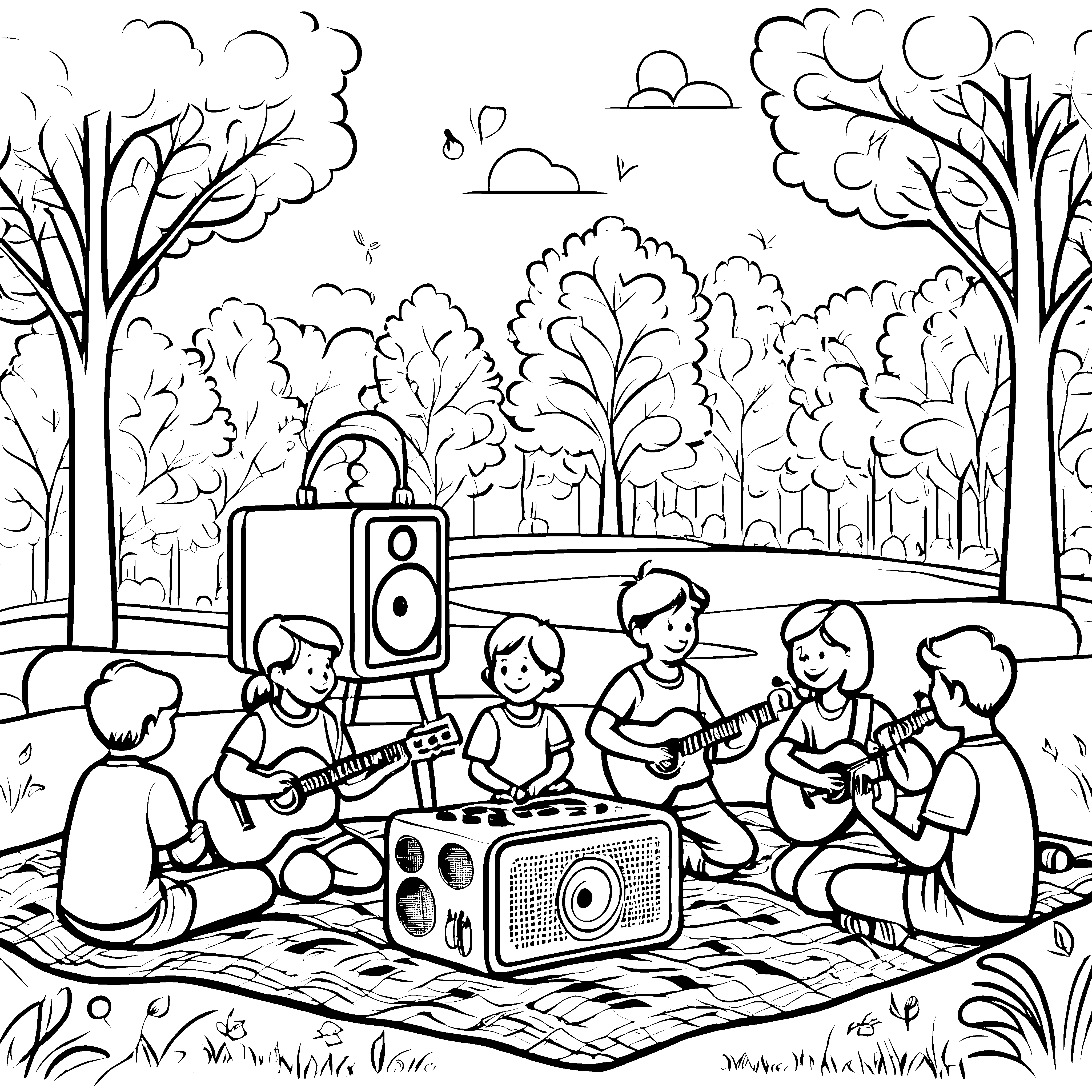 Kinder am Picknick mit coolen Lautsprechern malen