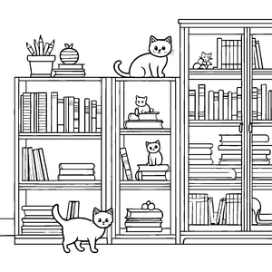 Katzen und Bücher in der gemütlichen Wohnzimmerbibliothek zum Ausmalen